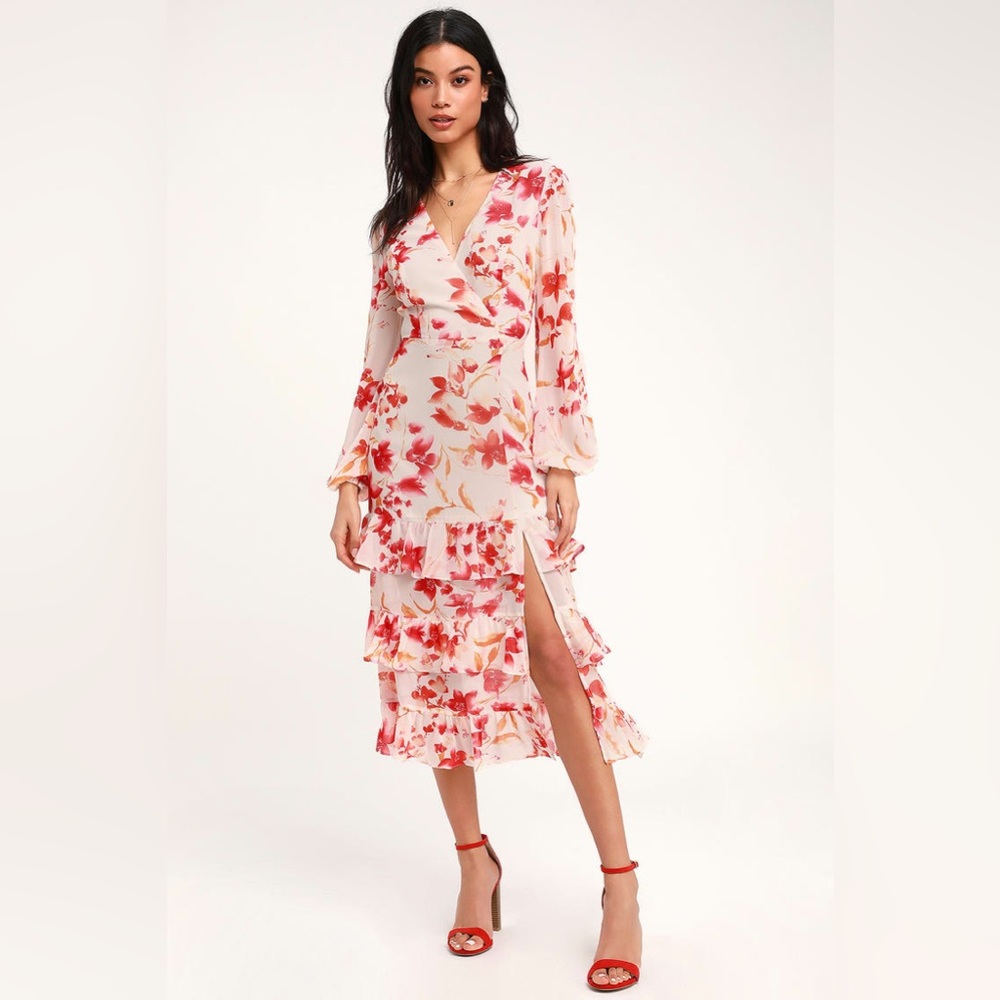 Lulus Sweet Sunday Cream and Red Floral Print Midi Dress